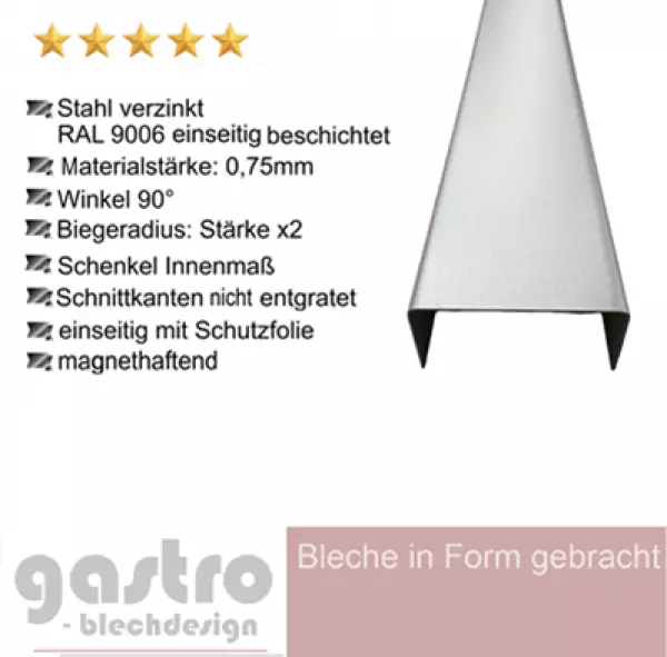U-Profil aus Stahl verzinkt RAL9006 Weißaluminium 0,75 mm glatt